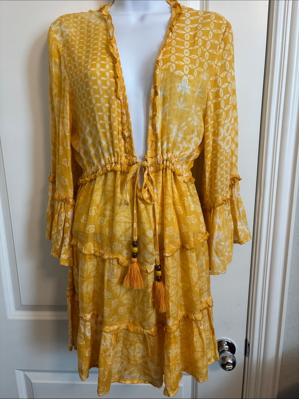 Blue Island Yellow Boho Tie-Waist Tiered Beach Cover Up. M